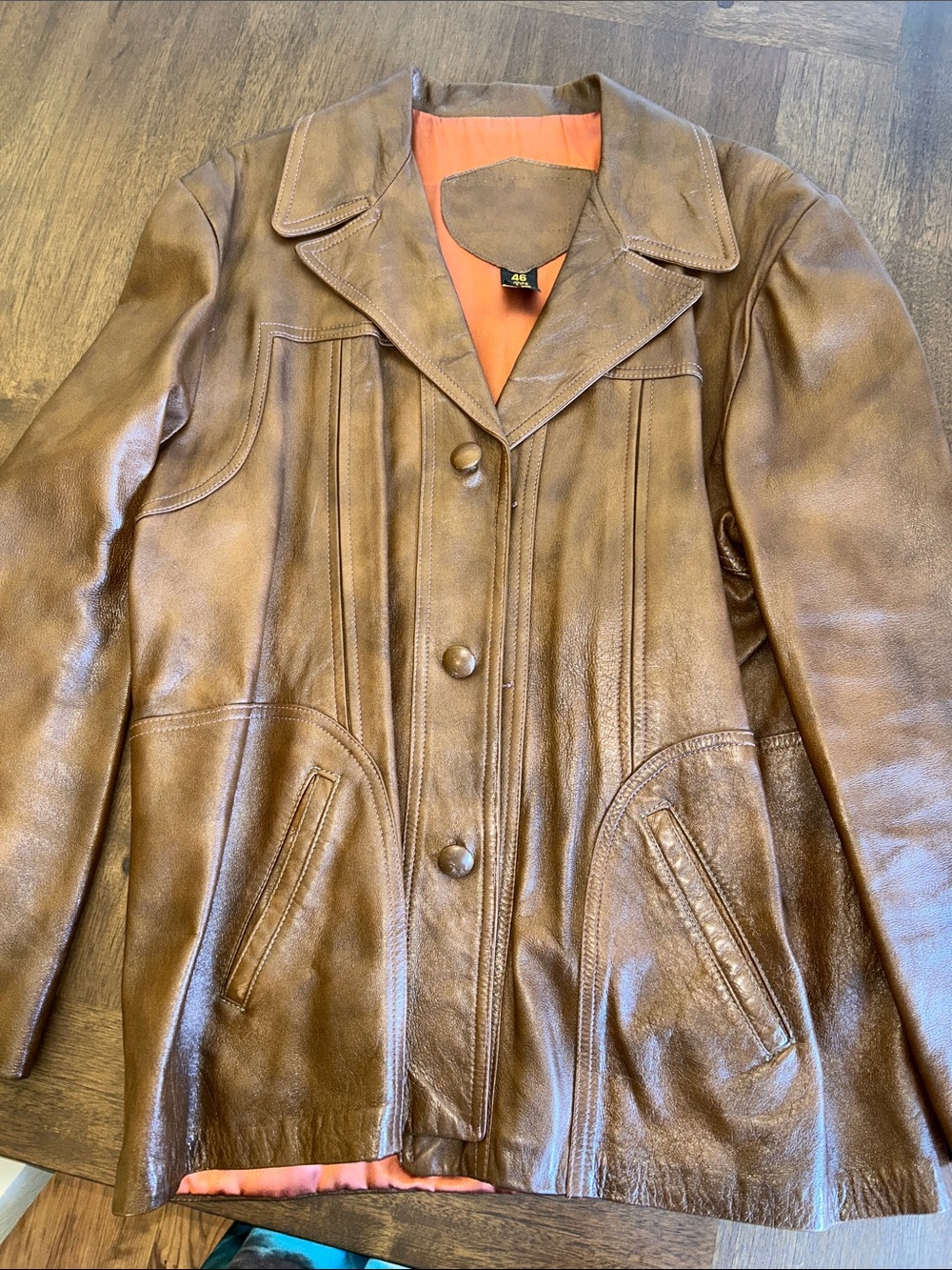 Vintage William Barry 1970’s Brown Leather Men's Jacket with Orange Lining